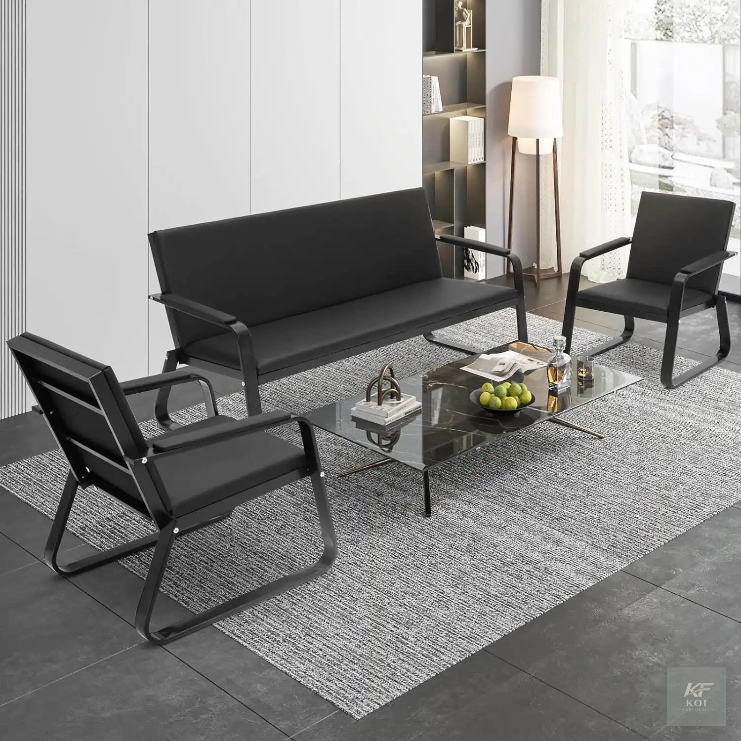 Sleek black PU leather office sofa set, black PU leather office sofa, metal frame office sofa set, modern black office sofa, executive office sofa set, black leather office couch, PU leather reception