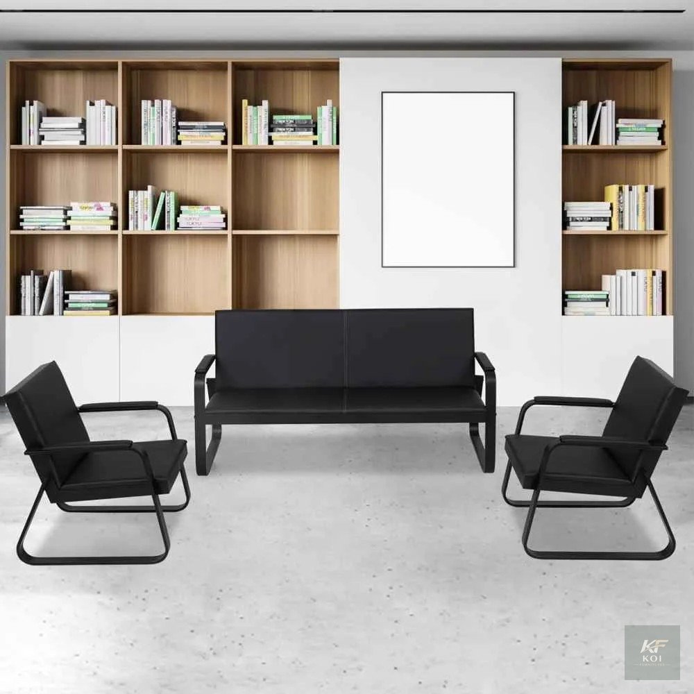 Sleek black PU leather office sofa set, black PU leather office sofa, metal frame office sofa set, modern black office sofa, executive office sofa set, black leather office couch, PU leather reception