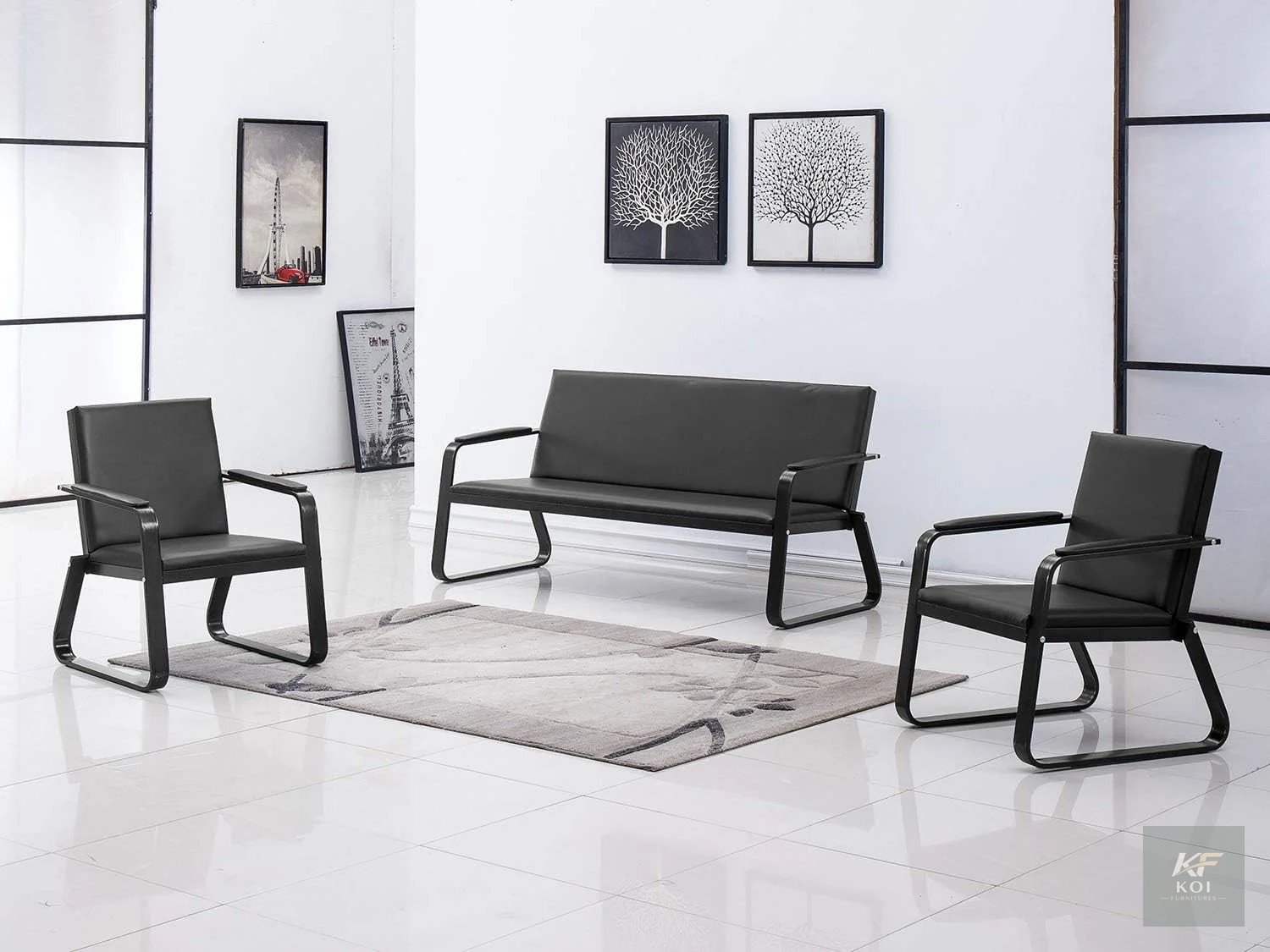 Sleek black PU leather office sofa set, black PU leather office sofa, metal frame office sofa set, modern black office sofa, executive office sofa set, black leather office couch, PU leather reception