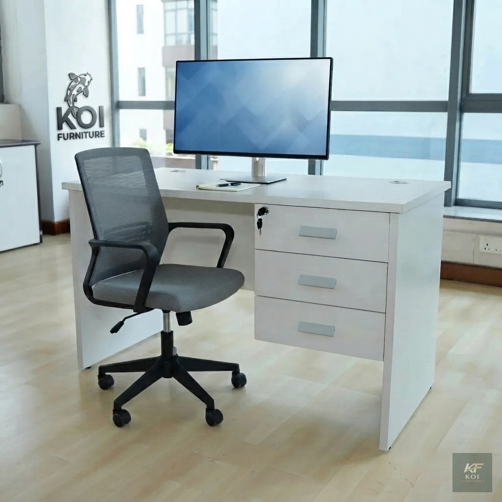 White 1.2m Office Study Desk and Chair Combo, white 1.2 metre study desk, white office desk and chair set, 1.2m office desk combo, study table with chair, white study table set, compact home office de