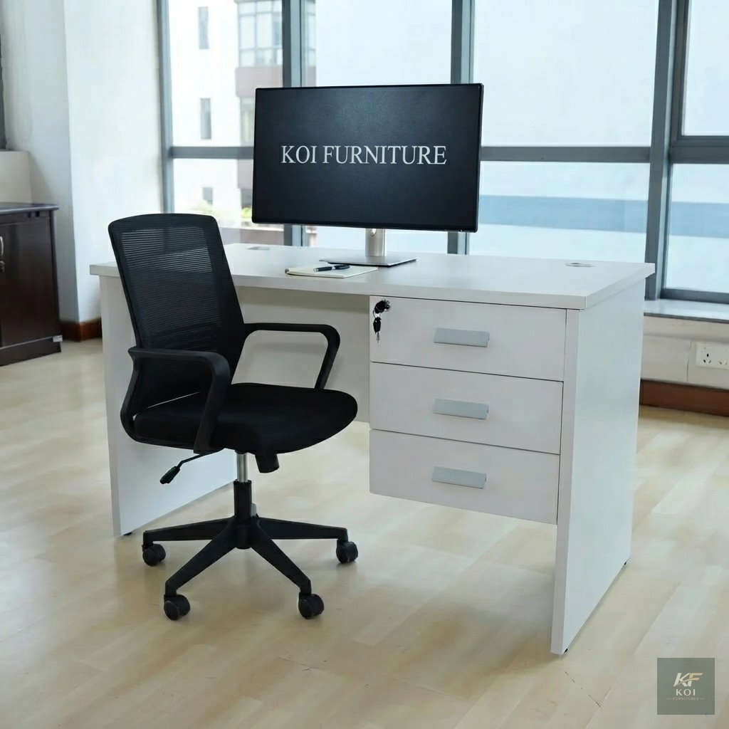 White 1.2m Office Study Desk and Chair Combo, white 1.2 metre study desk, white office desk and chair set, 1.2m office desk combo, study table with chair, white study table set, compact home office de