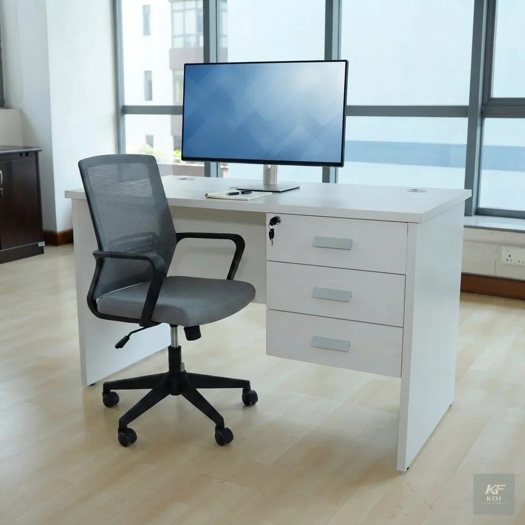 White 1.2m Office Study Desk and Chair Combo, white 1.2 metre study desk, white office desk and chair set, 1.2m office desk combo, study table with chair, white study table set, compact home office de