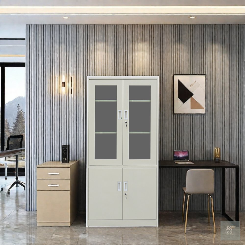 White half-glass metal office storage cabinet, white metal office cabinet, half-glass office cabinet, metal office storage cupboard, white steel storage cabinet, glass-door office cabinet, half-glass