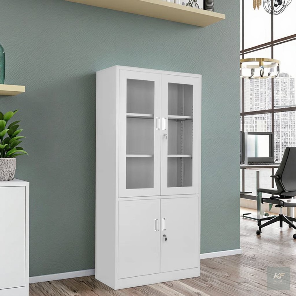 White half-glass metal office storage cabinet, white metal office cabinet, half-glass office cabinet, metal office storage cupboard, white steel storage cabinet, glass-door office cabinet, half-glass