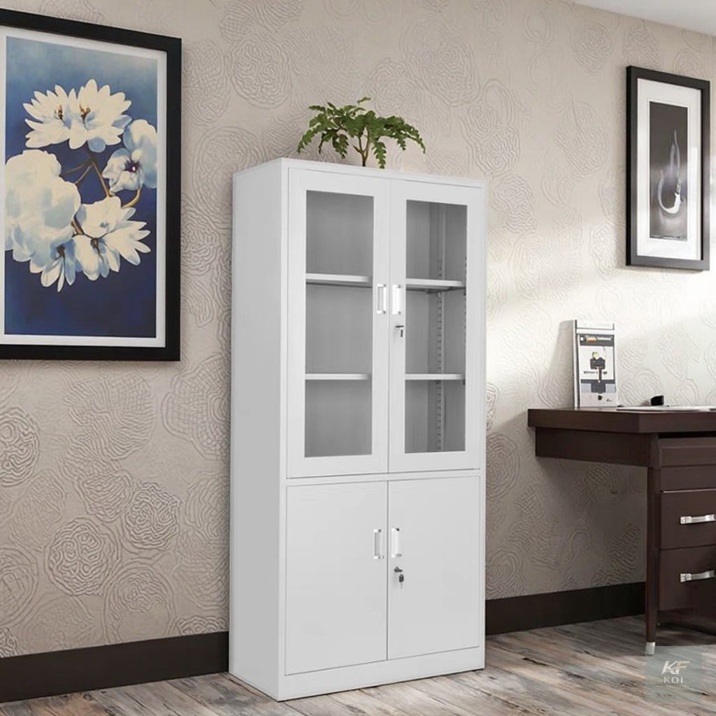 White half-glass metal office storage cabinet, white metal office cabinet, half-glass office cabinet, metal office storage cupboard, white steel storage cabinet, glass-door office cabinet, half-glass