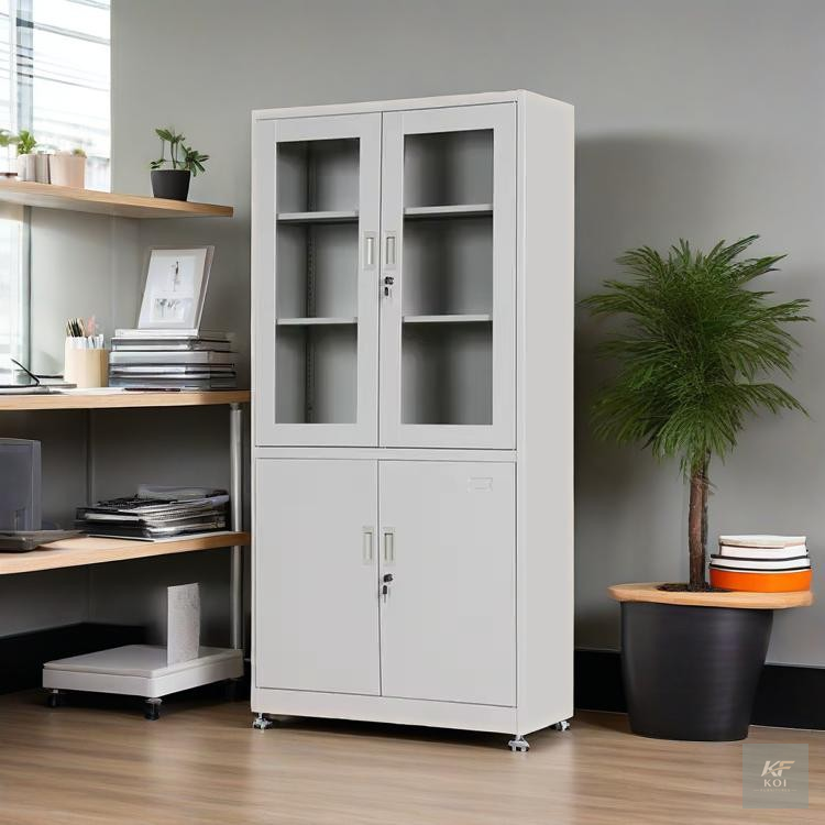 White half-glass metal office storage cabinet, white metal office cabinet, half-glass office cabinet, metal office storage cupboard, white steel storage cabinet, glass-door office cabinet, half-glass