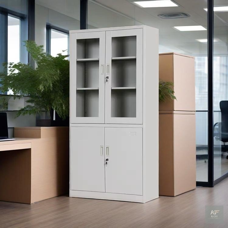 White half-glass metal office storage cabinet, white metal office cabinet, half-glass office cabinet, metal office storage cupboard, white steel storage cabinet, glass-door office cabinet, half-glass