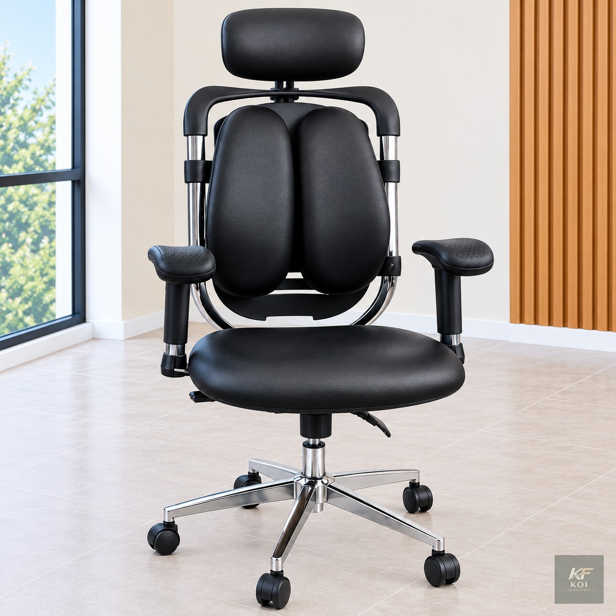 black dual-back ergonomic office chair, dual-back office chair, black ergonomic desk chair, dual-back lumbar support chair, modern ergonomic office chair, adjustable black office chair, high-back ergo
