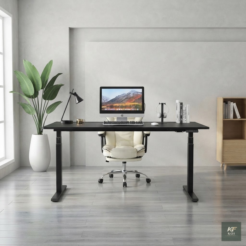 black electric height-adjustable desk, black electric standing desk, black motorized office desk, electric height-adjustable office table, black sit-stand desk, adjustable height computer desk, black
