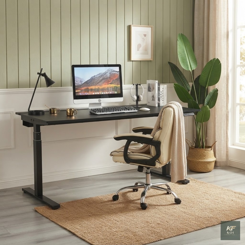 black electric height-adjustable desk, black electric standing desk, black motorized office desk, electric height-adjustable office table, black sit-stand desk, adjustable height computer desk, black