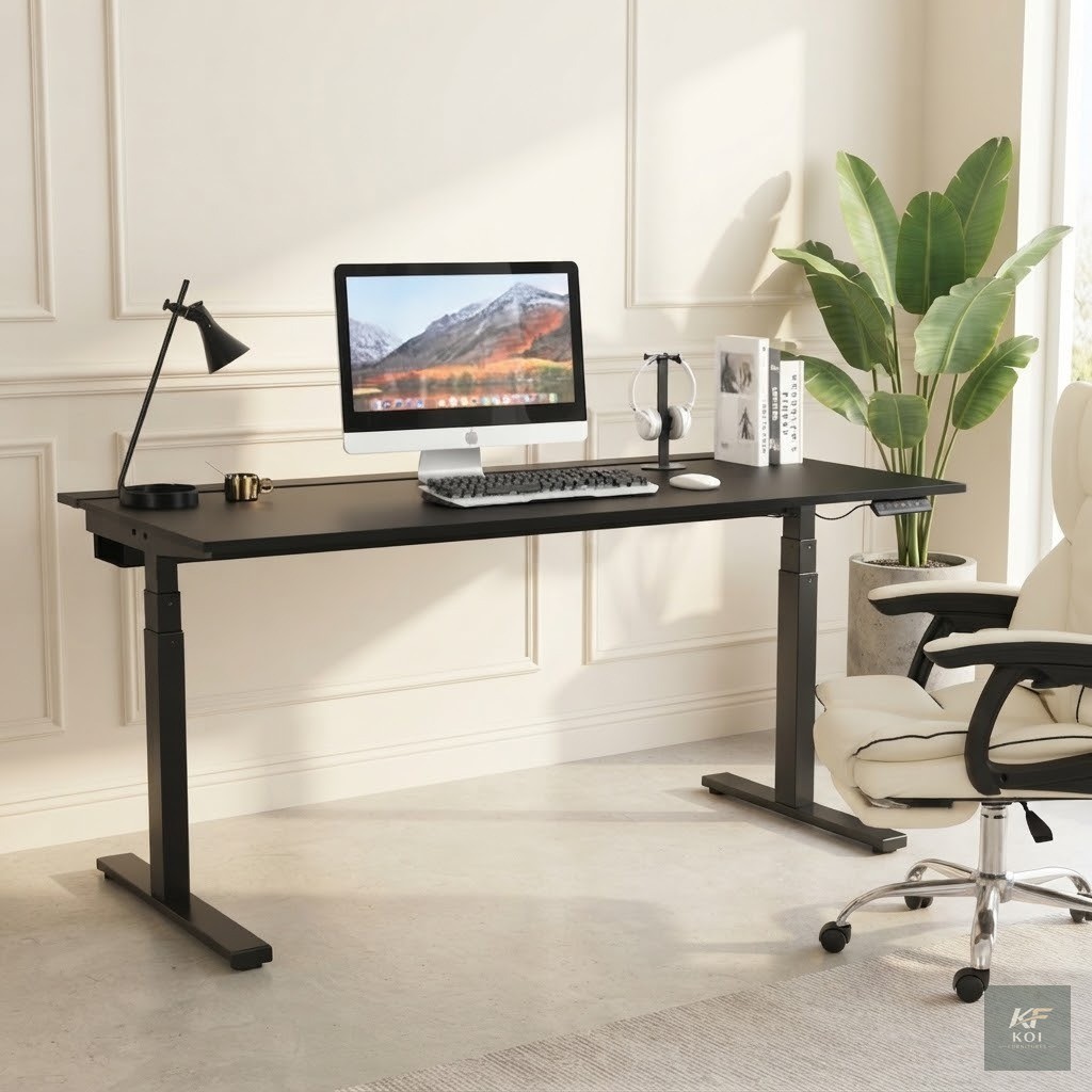 black electric height-adjustable desk, black electric standing desk, black motorized office desk, electric height-adjustable office table, black sit-stand desk, adjustable height computer desk, black