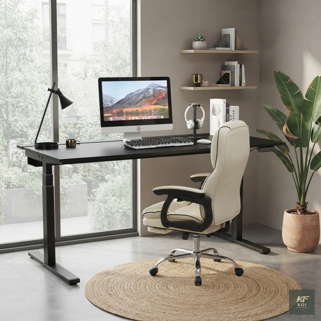 black electric height-adjustable desk, black electric standing desk, black motorized office desk, electric height-adjustable office table, black sit-stand desk, adjustable height computer desk, black