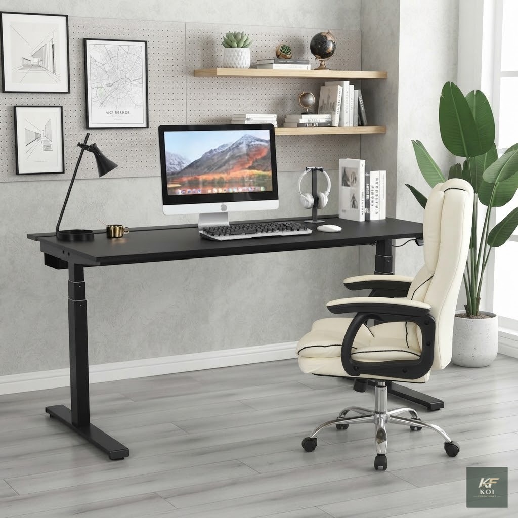 black electric height-adjustable desk, black electric standing desk, black motorized office desk, electric height-adjustable office table, black sit-stand desk, adjustable height computer desk, black