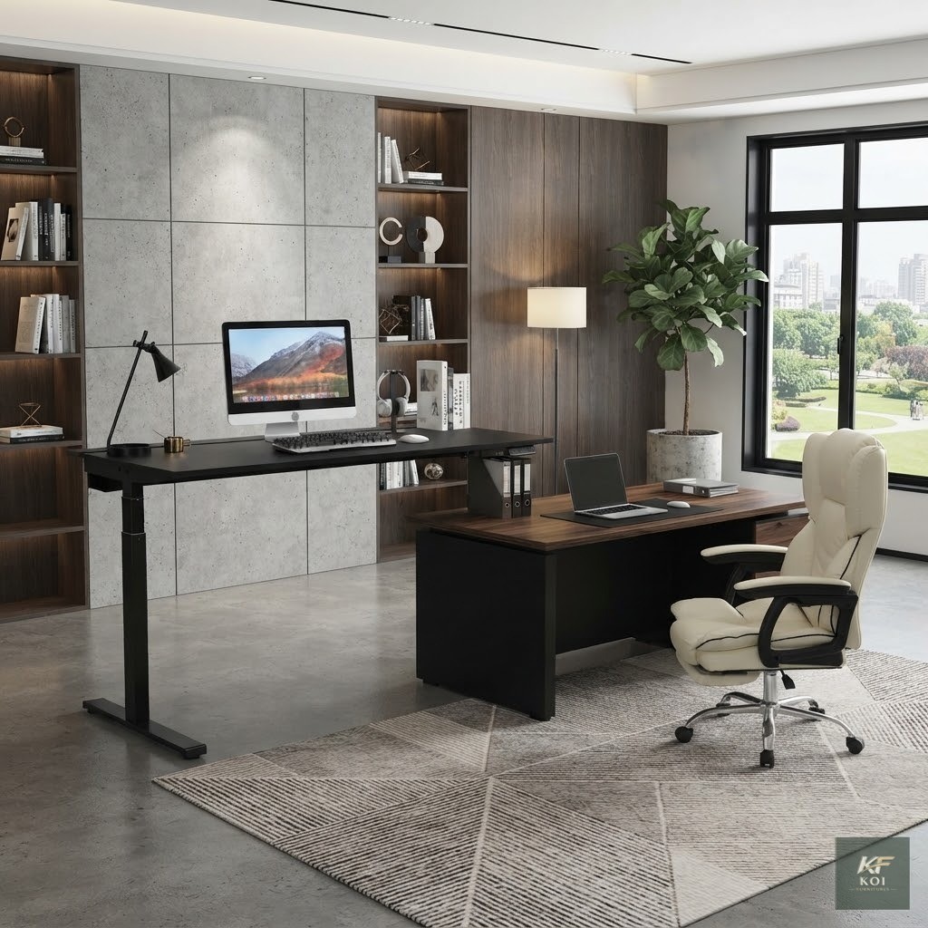 black electric height-adjustable desk, black electric standing desk, black motorized office desk, electric height-adjustable office table, black sit-stand desk, adjustable height computer desk, black