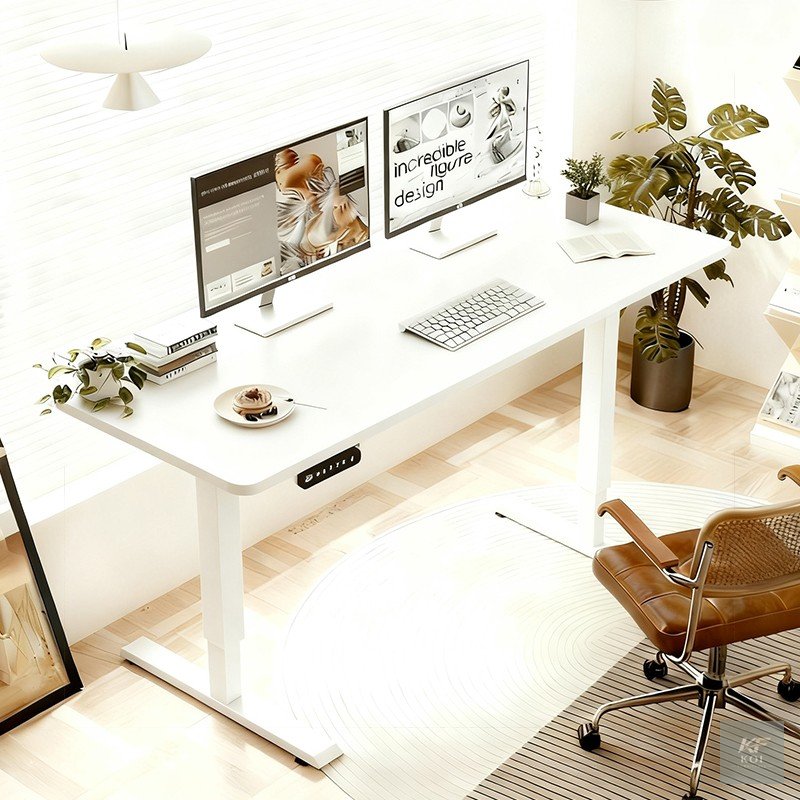 white electric height-adjustable standing desk, white electric standing desk, electric height adjustable desk, white height adjustable desk, white sit stand desk, electric standing office desk, motori
