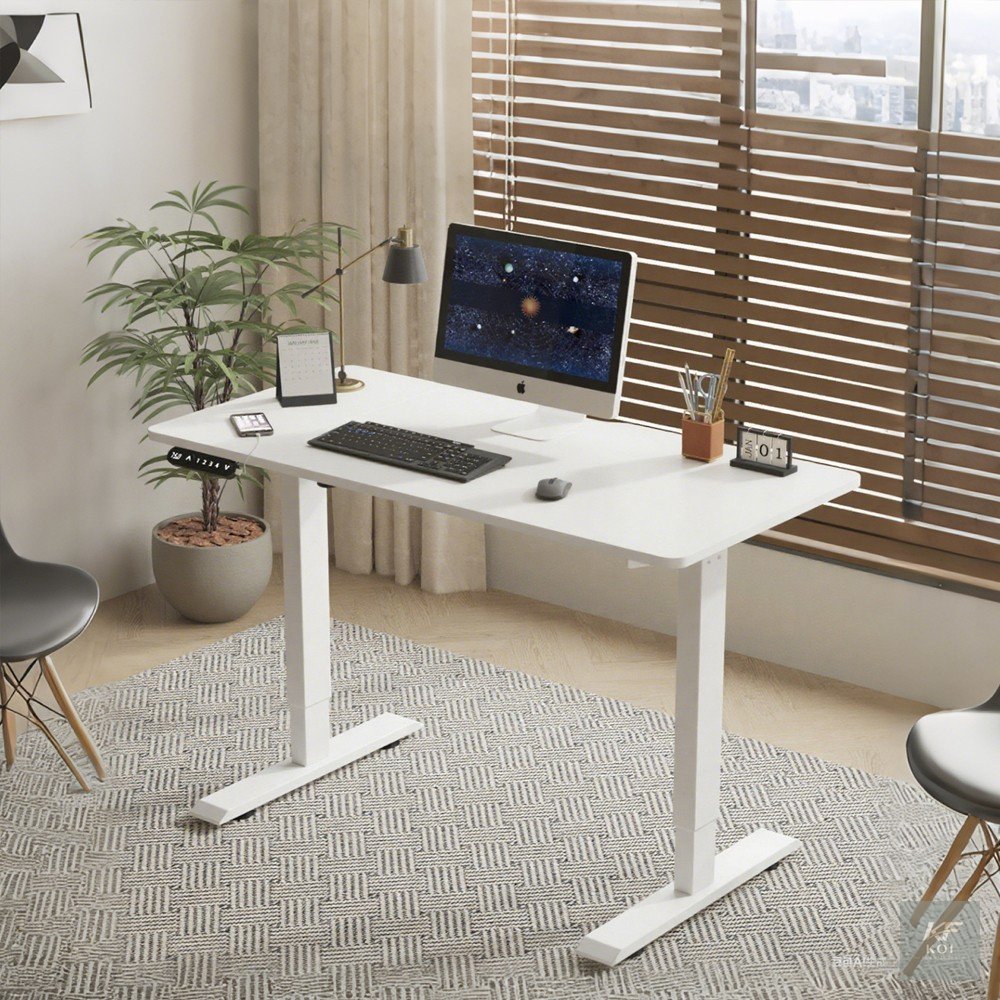 white electric height-adjustable standing desk, white electric standing desk, electric height adjustable desk, white height adjustable desk, white sit stand desk, electric standing office desk, motori
