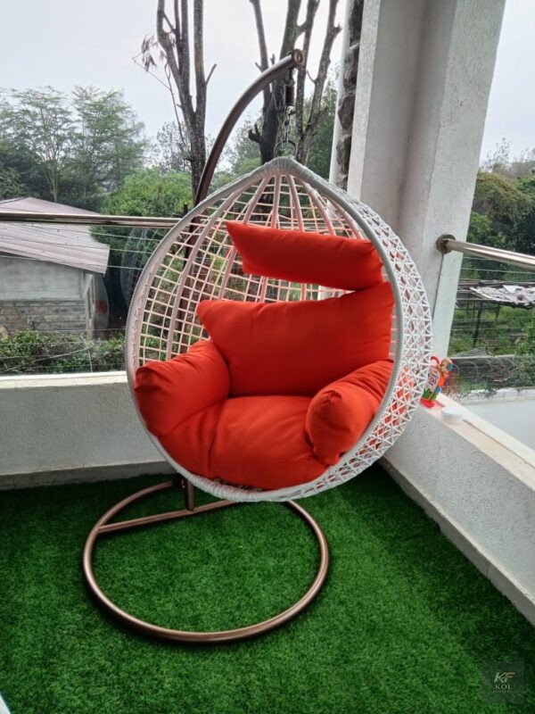white rattan egg swing chair, white egg swing chair Kenya, rattan hanging chair Nairobi, white outdoor egg chair, modern rattan swing chair, wicker egg chair Kenya, hanging basket chair Nairobi, white