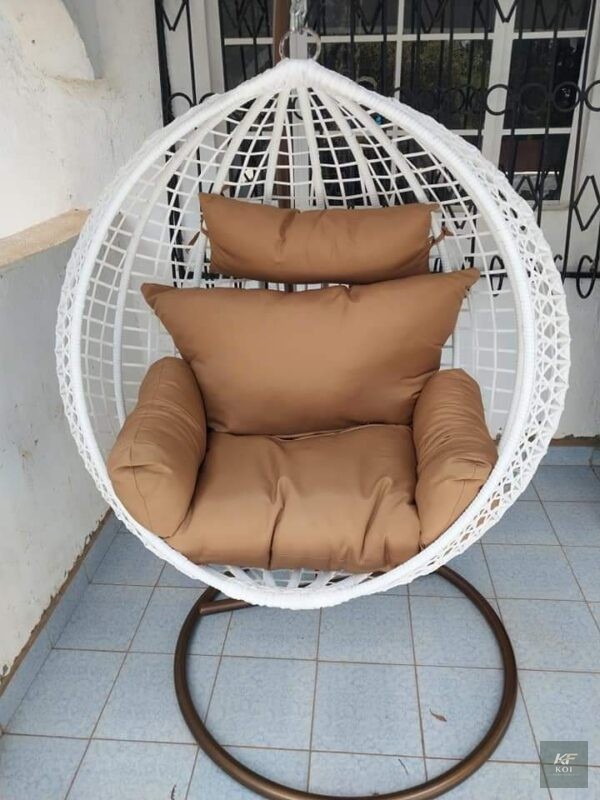 white rattan egg swing chair, white egg swing chair Kenya, rattan hanging chair Nairobi, white outdoor egg chair, modern rattan swing chair, wicker egg chair Kenya, hanging basket chair Nairobi, white